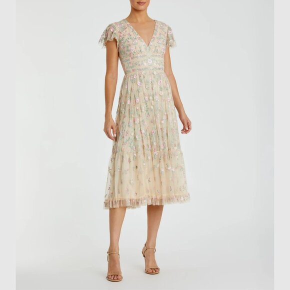 Mac Duggal 35104 Womens Nude Floral Embroidered V-Neck Cap Sleeve Midi Dress - Picture 3 of 14